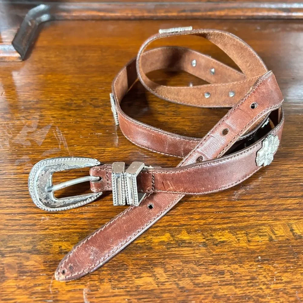 FOSSIL Brown Leather, Silver Accents Buckle Bohemian Western Belt Size:3XL